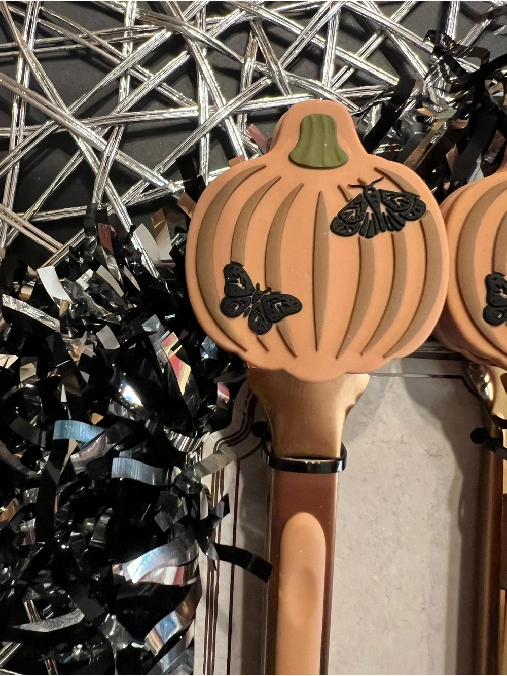 2 Silicone Harvest Pumpkins with Black Moths Tongs Halloween Bronze Metal Handle
